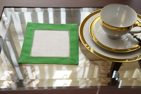 White Hemstitch Cocktail Napkin 6" with Kelly Green border - Click Image to Close